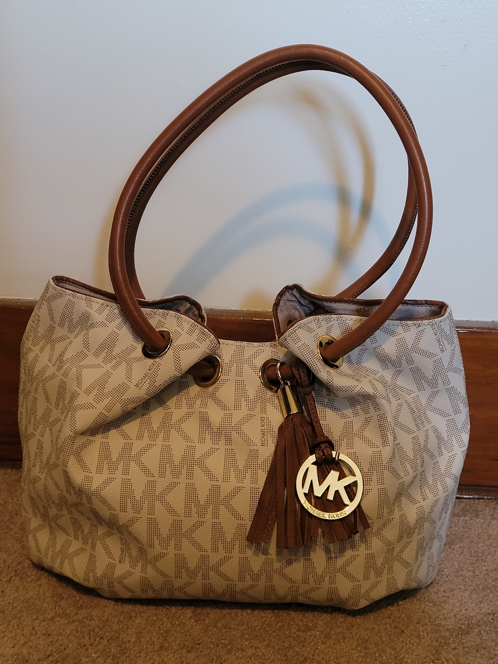Michael Kors Signature Ring Tote Vanilla & Brown PVC w/ Brown Leather Handles